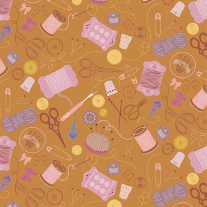 May include: An orange background is covered with a repeating pattern of sewing notions. The design includes pink thread spools, scissors, buttons, pins, thimbles, and bows. The sewing-themed pattern is in shades of pink, purple, and yellow.