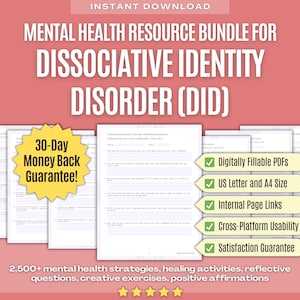 Op de afbeelding: Een digitale bronnenbundel voor dissociatieve identiteitsstoornis (DIS) met een 30-daagse geld-terug-garantie. De bundel bevat meer dan 2.500 mentale gezondheidsstrategieën, genezingsactiviteiten, reflectieve vragen, creatieve oefeningen en positieve affirmaties. De bundel is digitaal invulbaar, beschikbaar in US Letter en A4-formaat en bevat interne paginalinks. Het biedt ook platformonafhankelijke bruikbaarheid en een tevredenheidsgarantie.