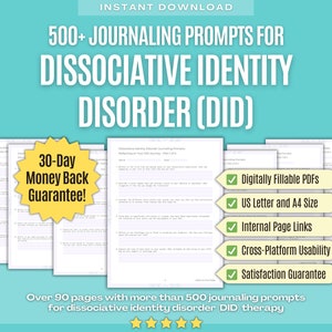 May include: A digital download of over 90 pages of journaling prompts for dissociative identity disorder (DID) therapy. The download includes a 30-day money back guarantee, digitally fillable PDFs, US letter and A4 size, internal page links, cross-platform usability, and a satisfaction guarantee.