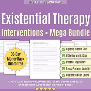 Terapia existencial • Mega paquete de intervenciones • Herramientas, libertad de elección, herramientas de asesoramiento, plantillas, intervenciones clínicas, hojas de trabajo