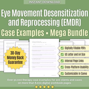 May include: Digital download bundle for Eye Movement Desensitization and Reprocessing (EMDR) therapy. Includes case examples, digitally fillable PDFs, US Letter and A4 sizes, internal page links, cross-platform usability, and customizable in Canva. Features a 30-day money-back guarantee.