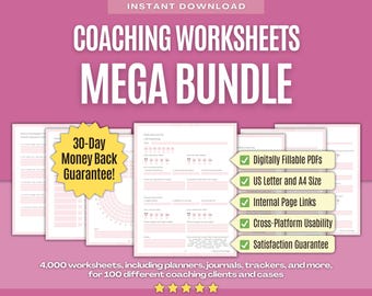 Puede incluir: Un fondo rosa con el texto "INSTANT DOWNLOAD" y "COACHING WORKSHEETS MEGA BUNDLE" en blanco. Un círculo amarillo con el texto "30-Day Money Back Guarantee!" se encuentra en la esquina inferior izquierda. Se muestran cuatro hojas de trabajo de coaching en el centro de la imagen. Las hojas de trabajo son PDF rellenables digitalmente, tamaño US Letter y A4, con enlaces internos de página, usabilidad multiplataforma y garantía de satisfacción.