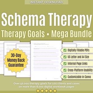 Puede incluir: Un paquete de descarga digital titulado "Schema Therapy Therapy Goals Mega Bundle". La imagen presenta varias páginas blancas con texto, un gráfico de estrella amarilla y marcas de verificación verdes. El texto incluye "Digitally Fillable PDFs" y "US Letter and A4 Size."