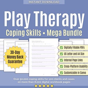 Terapia de juego • Mega paquete de habilidades de afrontamiento • INGLÉS • Hojas de trabajo, estrategias de afrontamiento, libros de trabajo, herramientas para aliviar el estrés, libro de trabajo de juego, Canva
