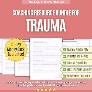 以下が含まれることがあります： ピンクの背景に、「30日間返金保証！」と書かれた黄色のバナーがあります。バナーの上には、「Trauma Coaching Progress Notes Initial Assessment Outline - Part 1 of 3」と書かれた白い文書があります。文書は一部しか見えません。文書の下には、緑色のチェックマークと「デジタル記入可能なPDF」と書かれた白いバナーがあります。その下には、緑色のチェックマークと「USレターとA4サイズ」と書かれた白いバナーがあります。その下には、緑色のチェックマークと「内部ページリンク」と書かれた白いバナーがあります。その下には、緑色のチェックマークと「クロスプラットフォームの使いやすさ」と書かれた白いバナーがあります。その下には、緑色のチェックマークと「満足保証」と書かれた白いバナーがあります。バナーの下には、「2,500以上のコーチング質問、介入、進捗ノート、コーチングアイデア、および検証ステートメント」というテキストがあります。テキストの下には、星が5つあります。