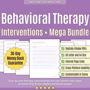 Könnte beinhalten: Digitaler Download mit dem Titel "Behavioral Therapy Interventions Mega Bundle". Das Bild zeigt Arbeitsblätter, ein 30-Tage-Geld-zurück-Garantie-Abzeichen und Häkchen, die Funktionen wie ausfüllbare PDFs, US Letter- und A4-Größe und Canva-Anpassung hervorheben.