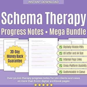 Terapia de esquemas • Megapaquete de notas de progreso • Notas de sesión, herramientas, hojas de trabajo, plantilla de nota de progreso, libro de esquemas, libros de trabajo, Canva