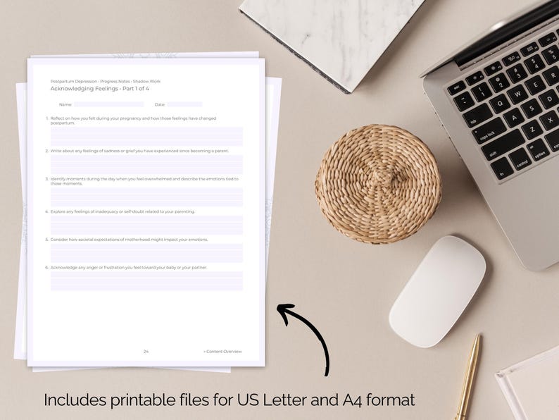 Printed mockup – printed pages workbook Therapy Progress Notes Shadow Work DIN A4 and US Letter size English