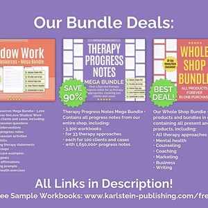 Bundle deal – multiple PDF workbooks Therapy Progress Notes Shadow Work English