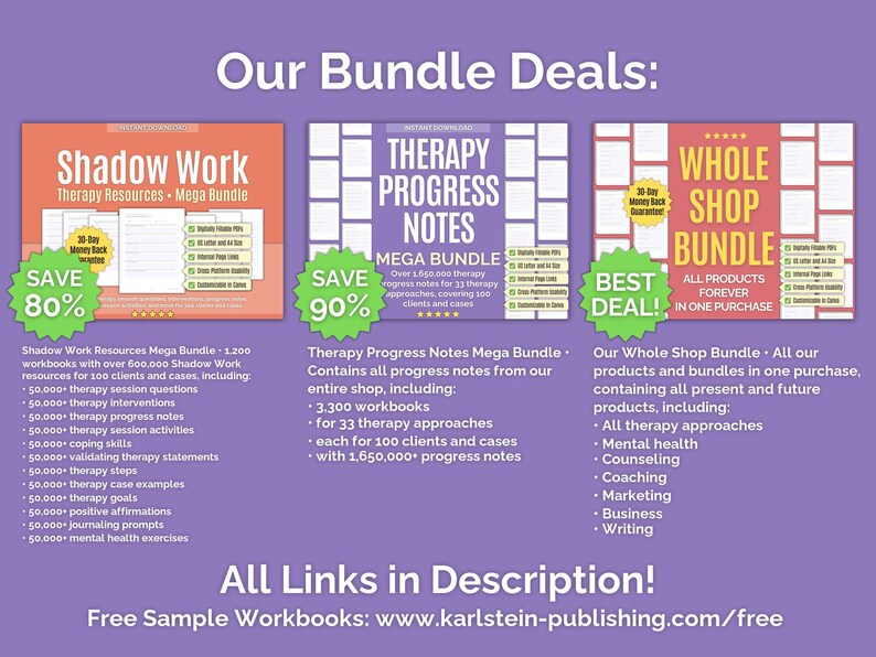 Bundle deal – multiple PDF workbooks Therapy Progress Notes Shadow Work English