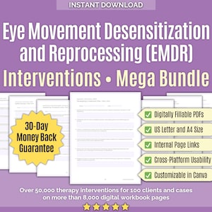 EMDR • Megapaquete de intervenciones • Movimiento ocular, asesoramiento, técnicas terapéuticas, intervenciones clínicas, hojas de trabajo, actividades de tratamiento