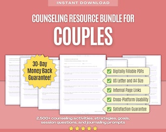May include: A digital resource bundle for couples counseling, featuring 2,500+ activities, strategies, goals, session questions, and journaling prompts. The bundle includes printable PDFs in US Letter and A4 sizes, with internal page links and a 30-day money-back guarantee.