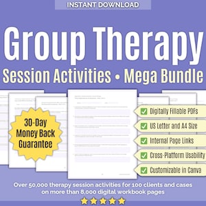Terapia de grupo • Mega paquete de actividades de sesión • Libro de trabajo grupal, herramientas, ejercicios de asesoramiento, salud mental, juegos de terapia, Canva, libros de trabajo