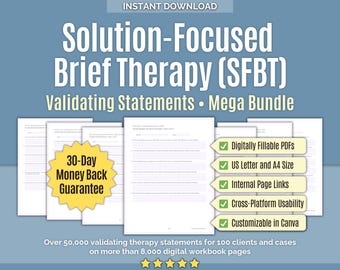 Solution-focused Brief Therapy (SFBT) • Validating Statements Mega Bundle • Workbooks, Empathy Prompts, Worksheets, Solution Focus, Canva
