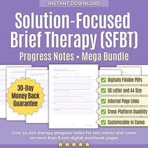 Thérapie brève centrée sur les solutions (SFBT) • Méga lot de notes de progression • Santé mentale, documentation sur le counseling, notes cliniques, outils, Canva