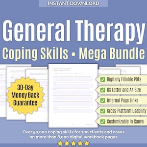 Terapia generale • Mega pacchetto di abilità di coping • Canva, strumenti di consulenza, fogli di lavoro di coping, modelli, strategie di coping, strumenti per alleviare lo stress