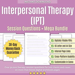 Terapia interpersonale (IPT) • Mega Bundle di domande per le sessioni • Canva, consulenza, guida alla terapia, suggerimenti per i clienti, modelli, cartelle di lavoro, strumenti