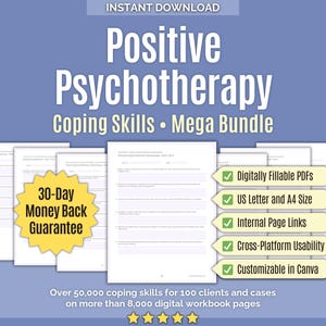 Psicoterapia positiva • Mega paquete de habilidades de afrontamiento • INGLÉS • Psicología positiva, herramientas para la felicidad, habilidades de auto-calma, hojas de trabajo, herramientas