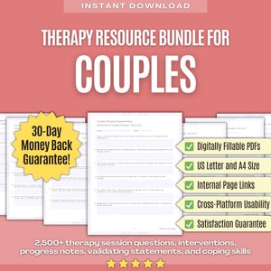 Pode incluir: Um fundo rosa com uma faixa amarela que diz "Garantia de devolução do dinheiro de 30 dias!" A faixa está sobre um documento branco com o texto "Notas de progresso da terapia de casal Bem-vindo à terapia de casal - Parte 1 de 4". O documento está parcialmente visível. Abaixo do documento, há uma faixa branca com uma marca de verificação verde e o texto "PDFs preenchíveis digitalmente". Abaixo disso, há uma faixa branca com uma marca de verificação verde e o texto "Carta dos EUA e tamanho A4". Abaixo disso, há uma faixa branca com uma marca de verificação verde e o texto "Links internos de página". Abaixo disso, há uma faixa branca com uma marca de verificação verde e o texto "Usabilidade multiplataforma". Abaixo disso, há uma faixa branca com uma marca de verificação verde e o texto "Garantia de satisfação". Abaixo das faixas está o texto "Mais de 2.500 perguntas de sessão de terapia, intervenções, notas de progresso, declarações de validação e habilidades de enfrentamento". Há cinco estrelas abaixo do texto.
