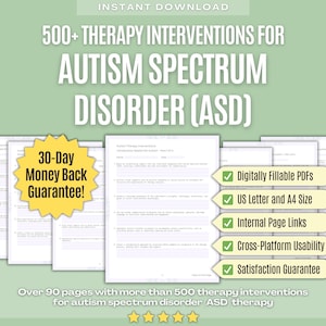 Könnte beinhalten: Ein digitaler Download von über 90 Seiten mit Therapieinterventionen für Autismus-Spektrum-Störungen (ASS). Der Download umfasst über 500 Interventionen, ist digital ausfüllbar und wird mit einer 30-tägigen Geld-zurück-Garantie geliefert.