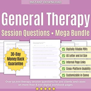 Terapia generale • Mega pacchetto di domande per le sessioni • Domande e risposte sulla consulenza, Generale, Domande per le sessioni, Strumenti di consulenza, Guida alla terapia, Canva, Strumenti