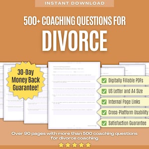 Könnte beinhalten: Ein digitaler Produkt-Download für die Scheidungsberatung mit über 500 Fragen. Das Produkt ist in den Formaten US Letter und A4 verfügbar, mit internen Seitenlinks und einer 30-tägigen Geld-zurück-Garantie.