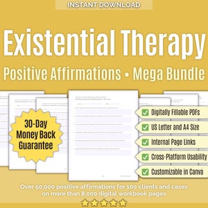 Op de afbeelding: Digitale downloadbundel getiteld "Existentiële Therapie" met "Positieve affirmaties". Bevat invulbare PDF's, US Letter- en A4-formaten, interne links, cross-platform bruikbaarheid en Canva-aanpassing.