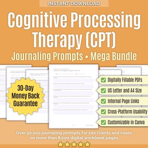May include: Digital download of Cognitive Processing Therapy (CPT) journaling prompts. The bundle includes fillable PDFs, US Letter and A4 sizes, internal page links, cross-platform usability, and Canva customization. Features a 30-day money-back guarantee.