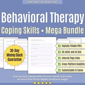 Verhaltenstherapie • Bewältigungsfähigkeiten Mega Bundle • Verhaltens Arbeitsblätter, Werkzeuge, Verhaltensarbeitsbuch, Mentale Gesundheit, Selbstberuhigung Fähigkeiten, Vorlagen