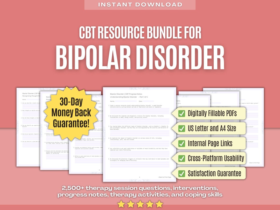 Bipolar Disorder CBT Resource Bundle CBT Therapy Session Questions, Interventions, Progress
