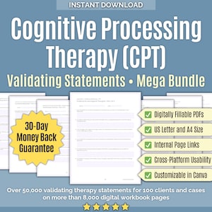 Cognitive Processing Therapy (CPT) • Validating Statements Mega Bundle • Trauma Processing, Therapeutic Statements, PTSD Worksheets, Canva