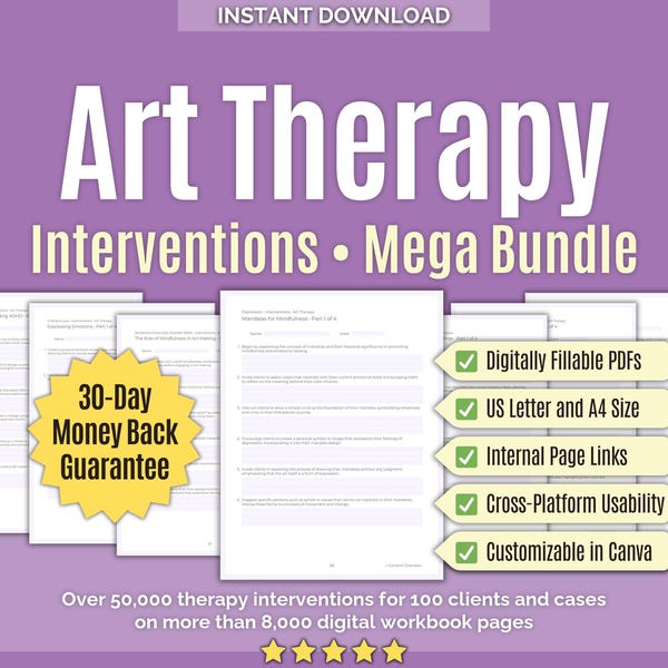 Art Therapy • Interventions Mega Bundle • Clinical, Creative Workbook, Exercises, Templates, Counseling Tools