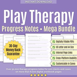 Terapia de juego • Megapaquete de notas de progreso • Documentación de asesoramiento, Canva, plantillas, actividades de juego, herramientas, notas de terapia, libros de trabajo