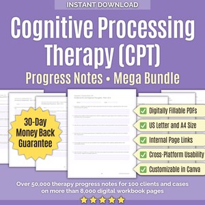 Cognitive Processing Therapy (CPT) • Progress Notes Mega Bundle • Canva, Session Notes, Trauma Processing, Worksheets, Templates, Counseling