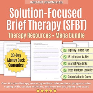 Könnte beinhalten: Orangefarbene Grafik mit "Solution-Focused Brief Therapy (SFBT)" und "Therapie-Ressourcen Mega Bundle". Enthält "Digital ausfüllbare PDFs", US Letter und A4-Größe sowie eine "30-Tage Geld-zurück-Garantie".