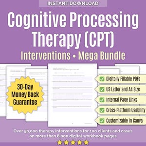 Thérapie de traitement cognitif (TPC) • Mega Bundle d'interventions • Traitement des traumatismes, santé mentale, cahiers d'exercices, traumatismes cognitifs, modèles