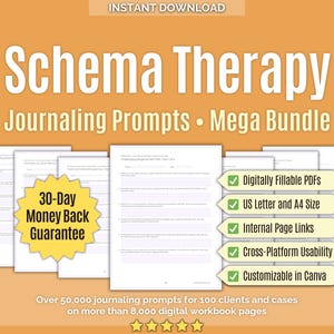 Puede incluir: Paquete de descarga digital titulado "Schema Therapy Journaling Prompts". La imagen muestra varias páginas de indicaciones, con un sello de garantía de devolución de dinero de 30 días. Incluye archivos PDF rellenables digitalmente, tamaños US Letter y A4, enlaces internos a páginas, usabilidad multiplataforma y personalización de Canva.