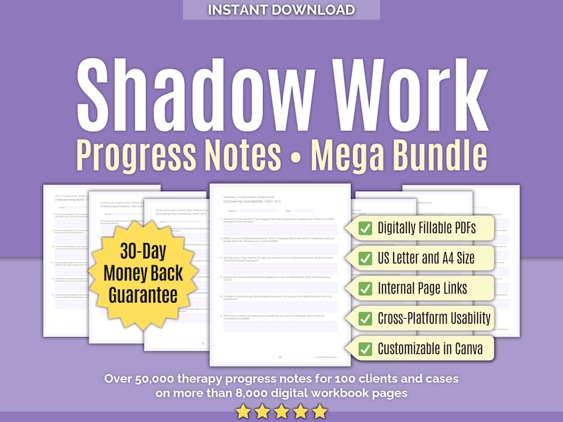 Thumbnail English – printable PDF workbook bundle Therapy Progress Notes Shadow Work instant download