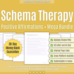Puede incluir: Paquete de descarga digital titulado "Schema Therapy Positive Affirmations Mega Bundle". Incluye archivos PDF rellenables, tamaños US Letter y A4, enlaces internos, usabilidad multiplataforma y personalización de Canva. Garantía de devolución de 30 días.