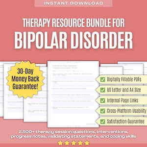 Pode incluir: Um pacote de recursos digitais para terapia de transtorno bipolar. O pacote inclui mais de 2.500 perguntas de sessão de terapia, intervenções, notas de progresso, declarações de validação e habilidades de enfrentamento. O pacote está disponível como PDFs digitalmente preenchíveis em tamanho carta dos EUA e A4. Também possui links internos de página, usabilidade multiplataforma e uma garantia de devolução do dinheiro de 30 dias.