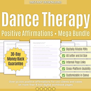 Puede incluir: Descarga digital titulada "Dance Therapy Positive Affirmations Mega Bundle". Incluye PDFs rellenables, tamaños US Letter y A4, enlaces internos, usabilidad multiplataforma y personalización de Canva. Garantía de devolución de dinero de 30 días.