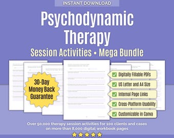 Könnte beinhalten: Ein digitales Download-Bundle mit dem Titel "Psychodynamic Therapy Session Activities Mega Bundle". Das Bild zeigt mehrere Seiten mit Sitzungsaktivitäten, mit Text, der digital ausfüllbare PDFs, US Letter- und A4-Größe, interne Seitenlinks, plattformübergreifende Nutzbarkeit und Anpassbarkeit in Canva anzeigt.
