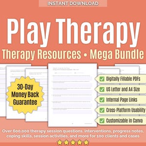 Terapia del gioco • Mega Bundle di risorse per la terapia • Modelli, fogli di lavoro, strumenti, salute mentale, cartelle di lavoro, consulenza, fogli di lavoro di gioco, Canva