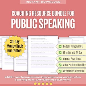 Ensemble de ressources de coaching en prise de parole en public | Questions de coaching, interventions de coaching, notes de progression du coaching, idées de coaching, cahier d'exercices