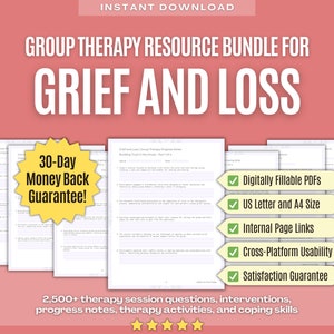 Trauer und Verlust Gruppentherapie Ressourcen Bündel | Gruppentherapie-Sitzung Fragen, Eingriffe, Fortschritt Notizen, Aktivitäten, Arbeitsblätter, Werkzeug