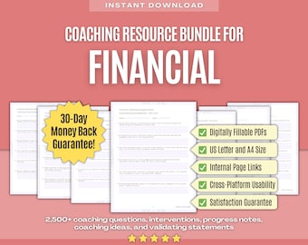 May include: A digital resource bundle for financial coaching, featuring a 30-day money back guarantee. The bundle includes 2,500+ coaching questions, interventions, progress notes, coaching ideas, and validating statements. The bundle is available in US Letter and A4 size, is digitally fillable, and has internal page links. The bundle also offers cross-platform usability and a satisfaction guarantee.