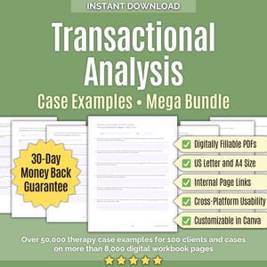 Puede incluir: Descarga digital titulada "Transactional Analysis Case Examples Mega Bundle". La imagen presenta varios documentos, un cartucho amarillo con "30-Day Money Back Guarantee", y casillas de verificación que indican características como "Digitally Fillable PDFs" y "US Letter and A4 Size".