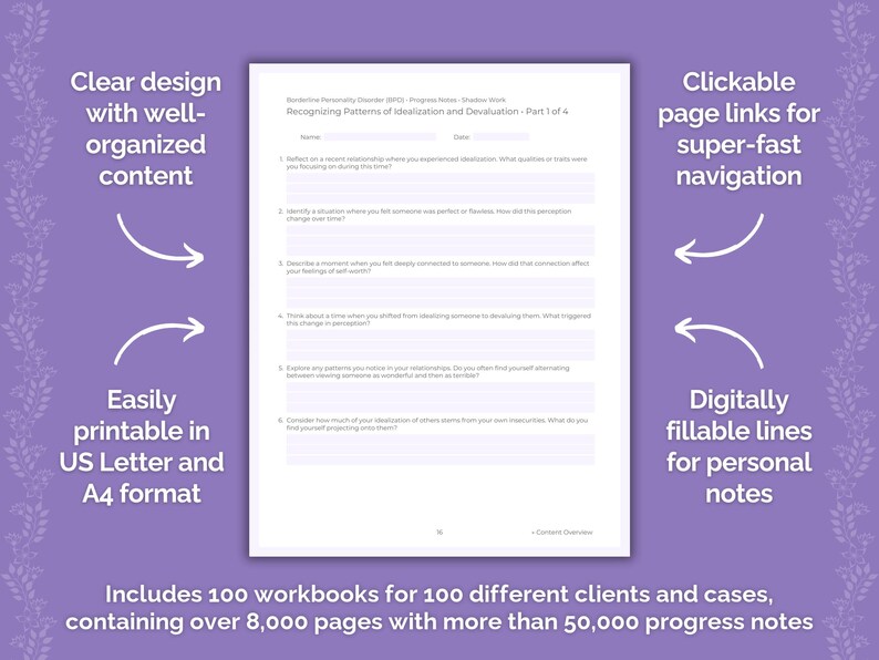 Design example – modern layout workbook Therapy Progress Notes Shadow Work English