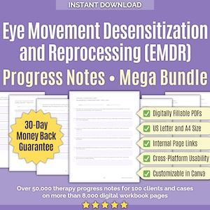 EMDR • Megapaquete de notas de progreso • Asesoramiento, salud mental, notas de terapia, hojas de trabajo, movimiento ocular, libros de trabajo, herramientas, Canva, plantillas