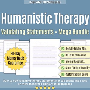 Humanistic Therapy • Validating Statements Mega Bundle • Humanistic Workbook, Mental Health, Validation Scripts, Validating Phrases, Canva